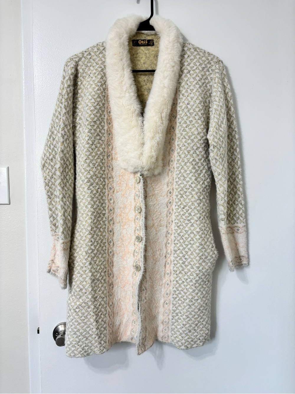 Vintage Style Faux Fur Collar Button Down Knit Cardigan Coat with Pockets New